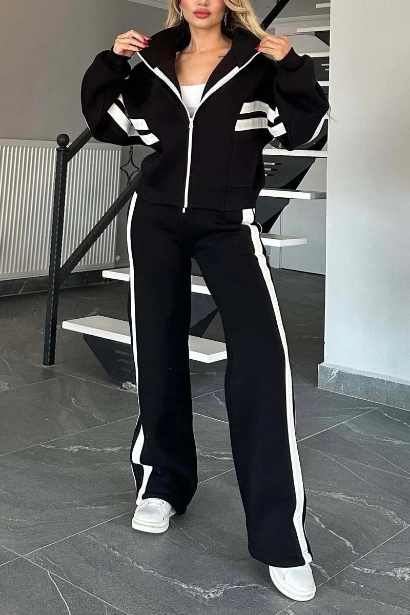 Women's hooded striped tracksuit set with zip jacket and wide-leg trousers