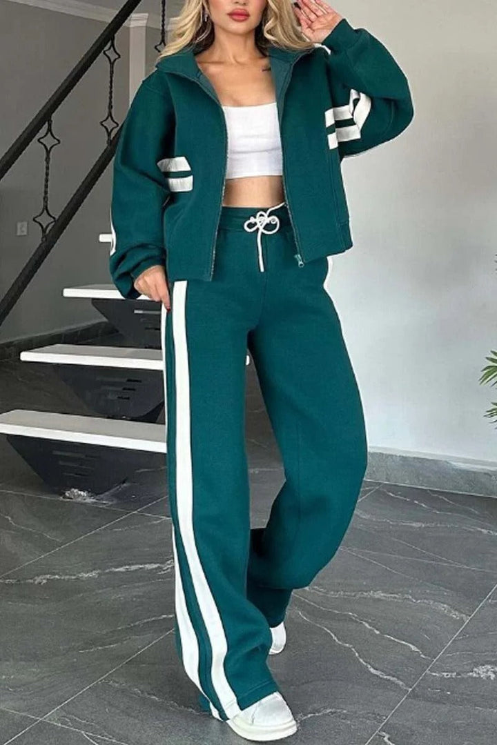 Women's hooded striped tracksuit set with zip jacket and wide-leg trousers