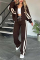 Women's hooded striped tracksuit set with zip jacket and wide-leg trousers