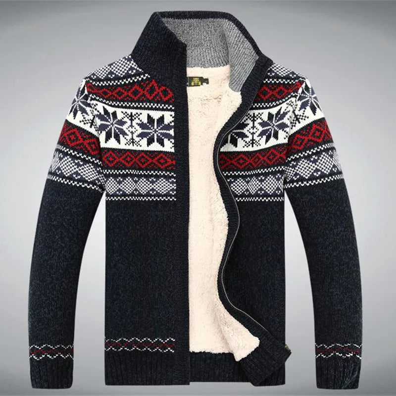 Men's Nordic pattern cardigan with mock neck, zip front and long sleeves