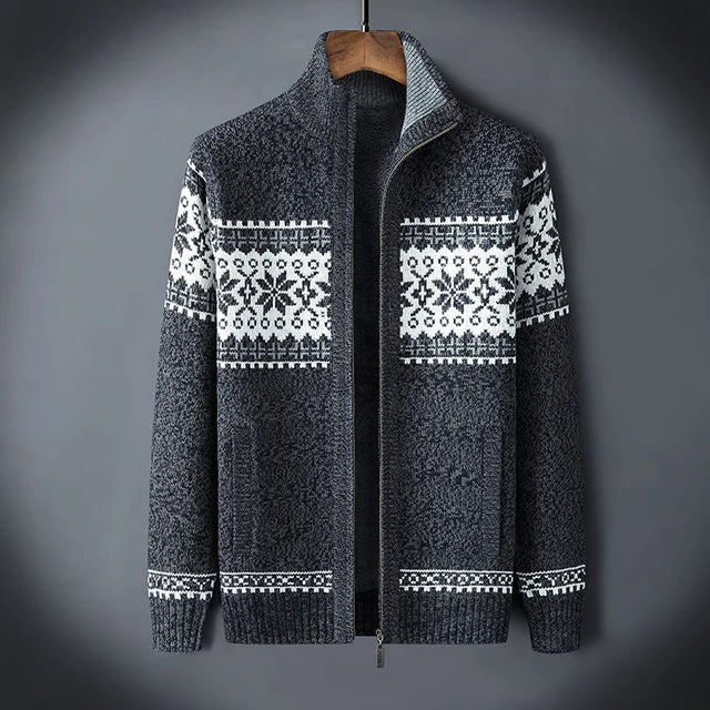 Men's Nordic pattern cardigan with mock neck, zip front and long sleeves