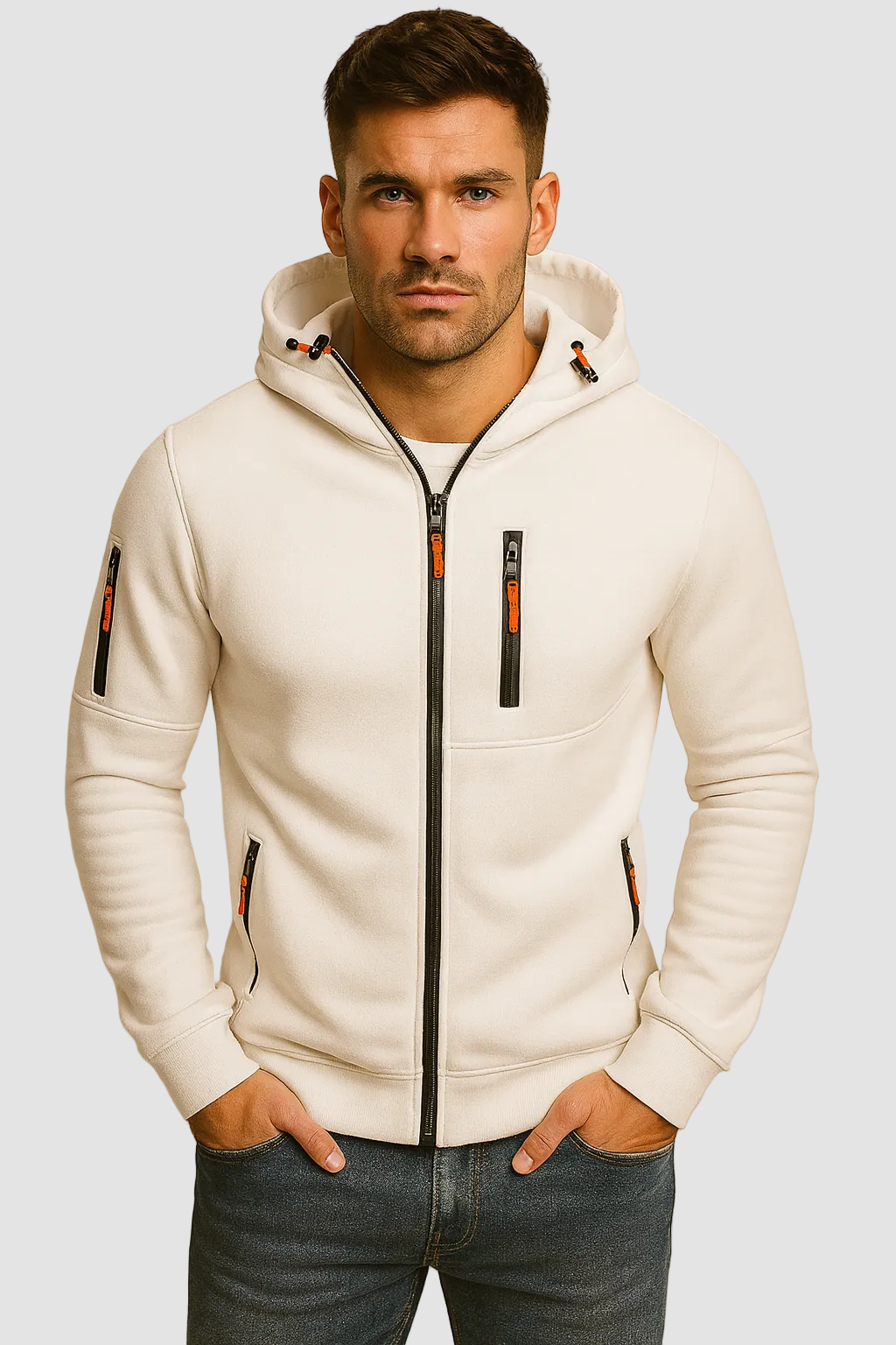 Men's hooded zip hoodie with long sleeves and multiple zipped pockets