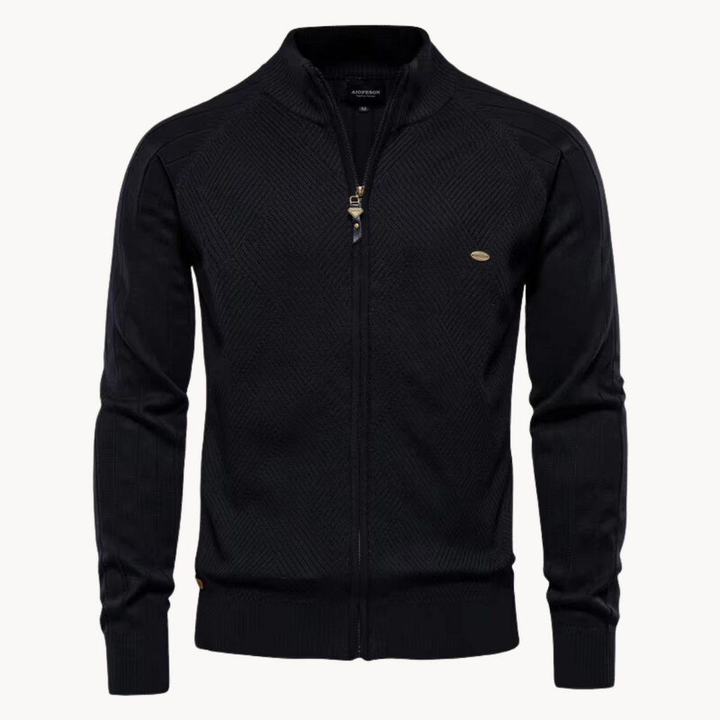 Long-sleeve textured knit cardigan with stand collar and front zip