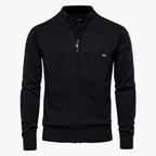 Long-sleeve textured knit cardigan with stand collar and front zip