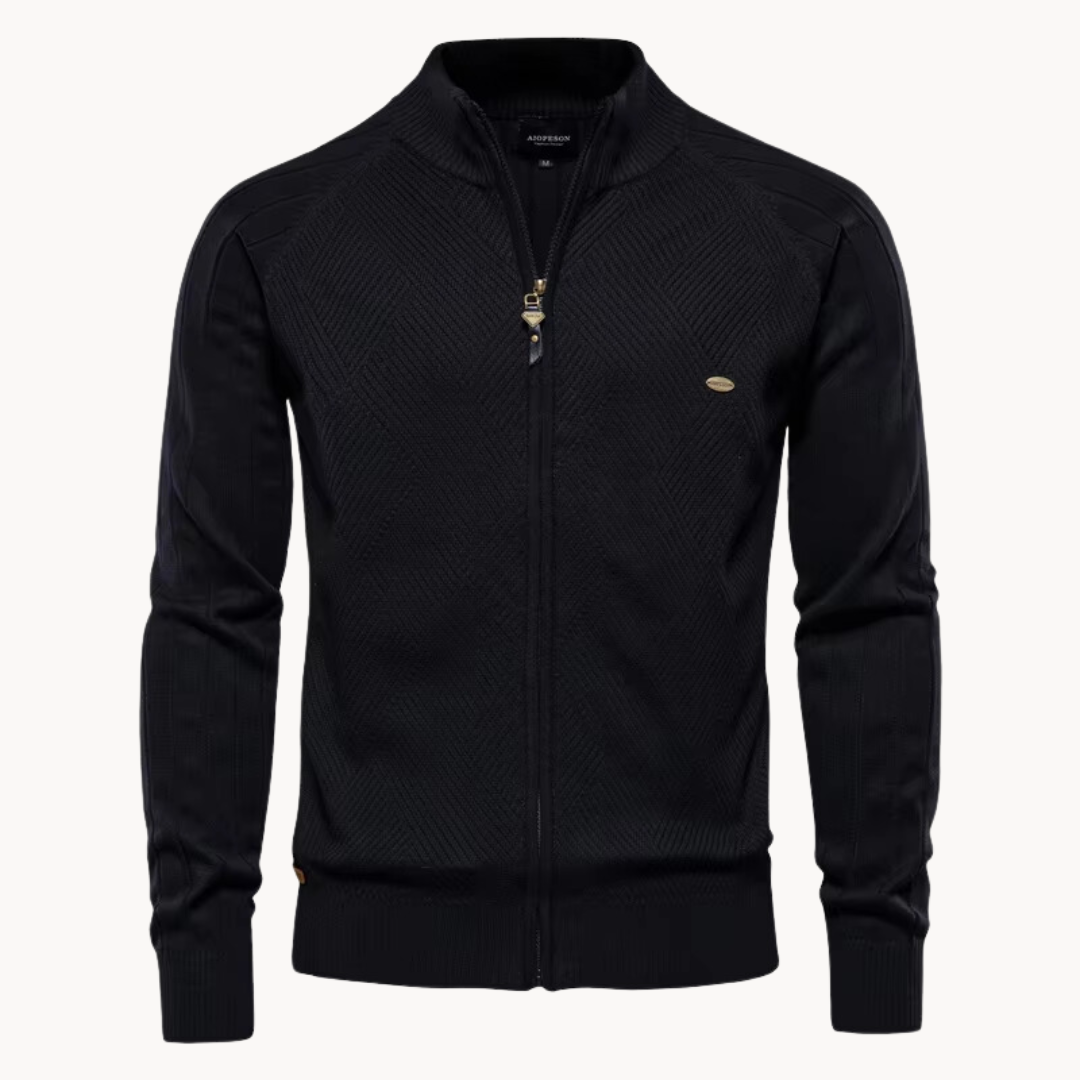 Long-sleeve textured knit cardigan with stand collar and front zip