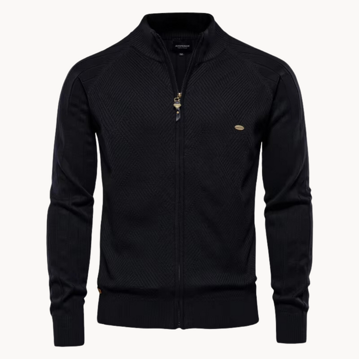 Long-sleeve textured knit cardigan with stand collar and front zip