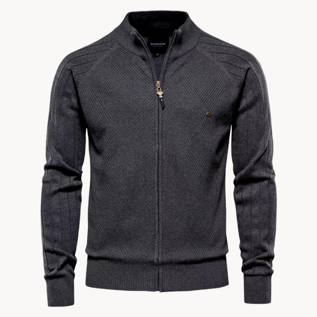 Long-sleeve textured knit cardigan with stand collar and front zip