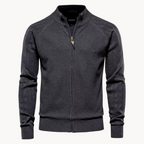 Long-sleeve textured knit cardigan with stand collar and front zip