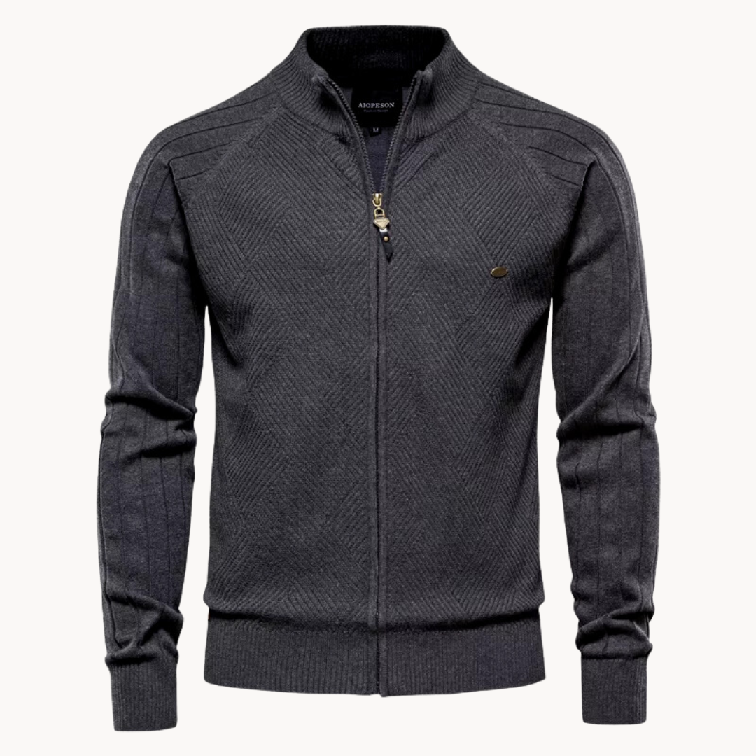 Long-sleeve textured knit cardigan with stand collar and front zip