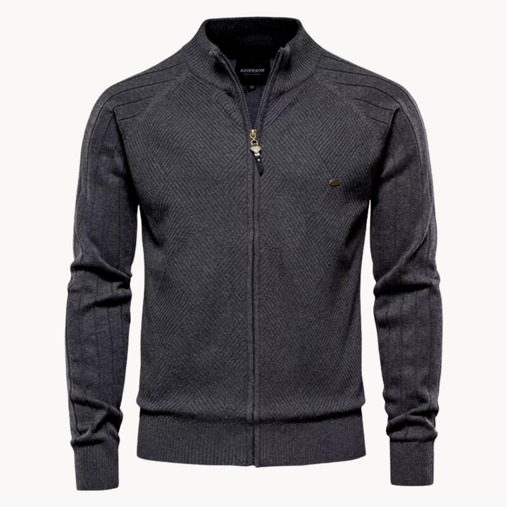 Long-sleeve textured knit cardigan with stand collar and front zip