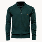Long-sleeve textured knit cardigan with stand collar and front zip