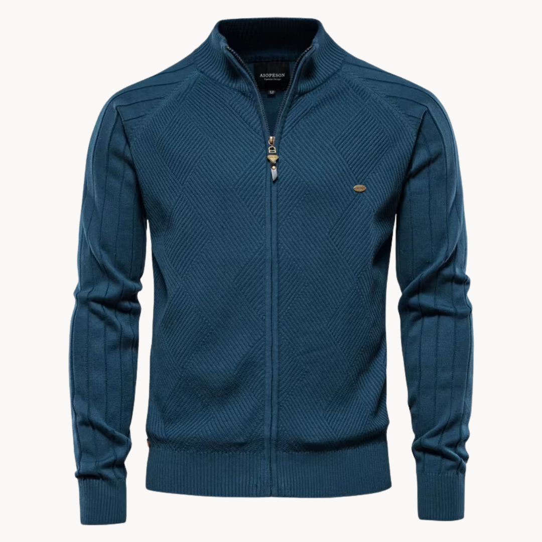 Long-sleeve textured knit cardigan with stand collar and front zip