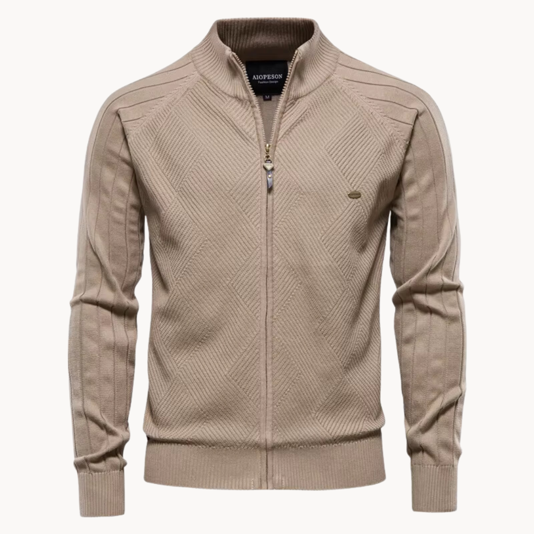Long-sleeve textured knit cardigan with stand collar and front zip