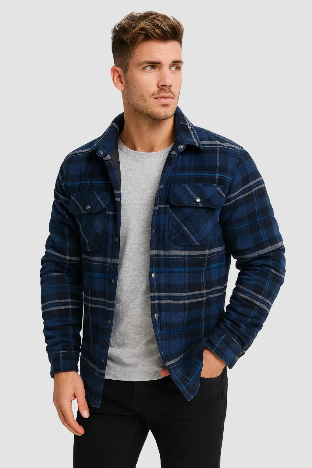 Men's checked quilted overshirt with stand collar and chest pockets