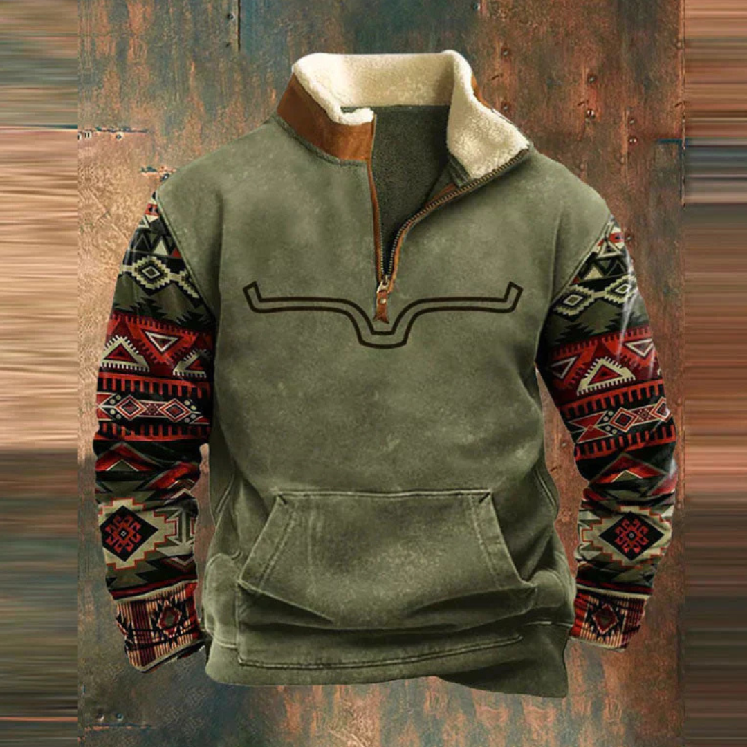 Men's half-zip pullover with geometric patterned sleeves and front kangaroo pocket
