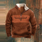 Men's half-zip pullover with geometric patterned sleeves and front kangaroo pocket