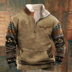 Men's half-zip pullover with geometric patterned sleeves and front kangaroo pocket