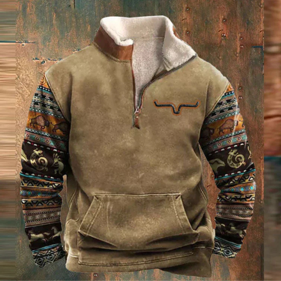 Men's half-zip pullover with geometric patterned sleeves and front kangaroo pocket