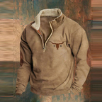Men's half-zip pullover with geometric patterned sleeves and front kangaroo pocket