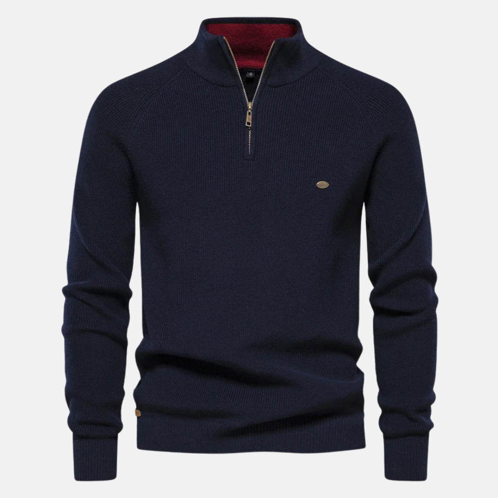 Men's half-zip ribbed sweater with stand collar and long sleeves