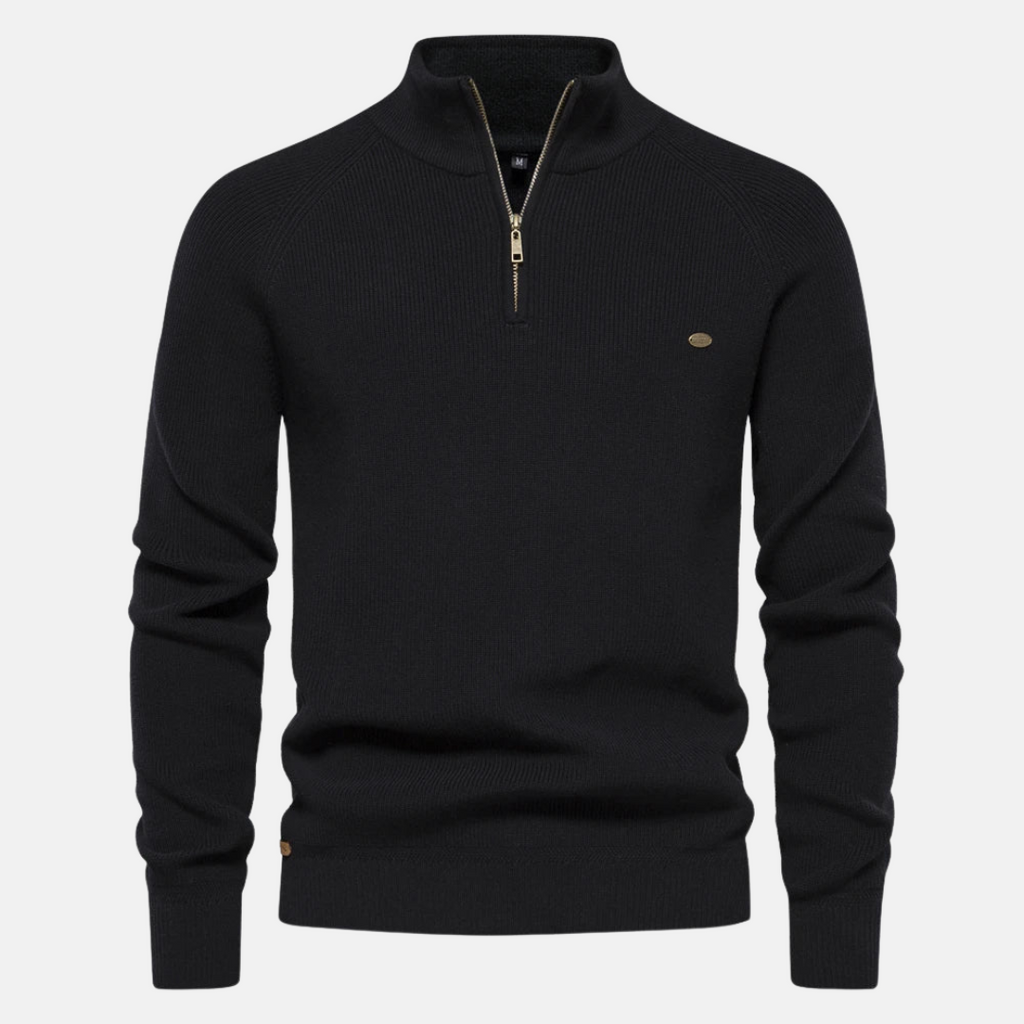 Men's half-zip ribbed sweater with stand collar and long sleeves