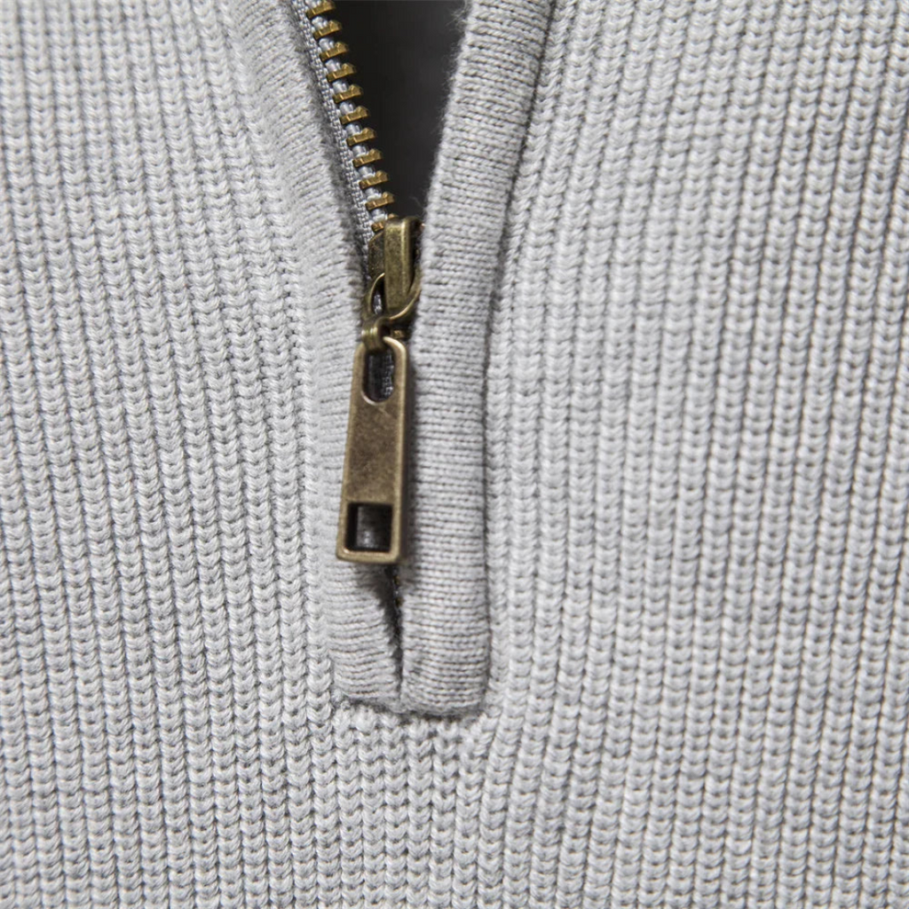 Men's half-zip ribbed sweater with stand collar and long sleeves
