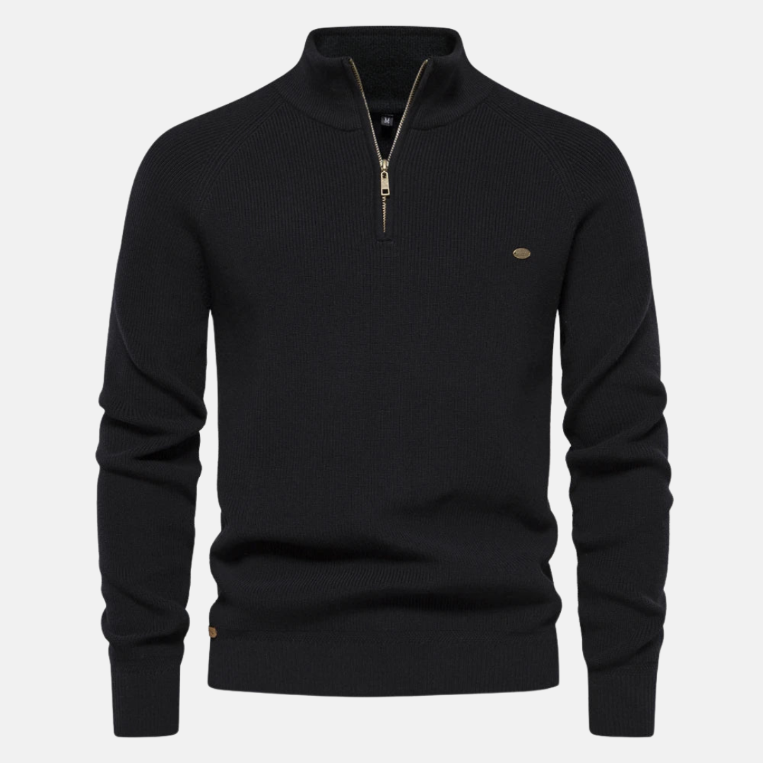 Men's half-zip ribbed sweater with stand collar and long sleeves