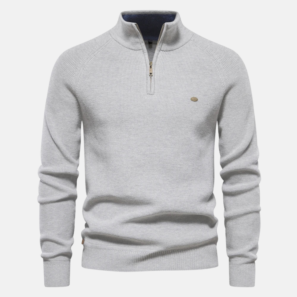 Men's half-zip ribbed sweater with stand collar and long sleeves