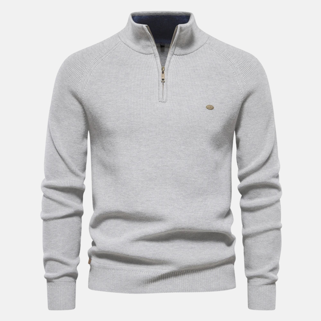 Men's half-zip ribbed sweater with stand collar and long sleeves