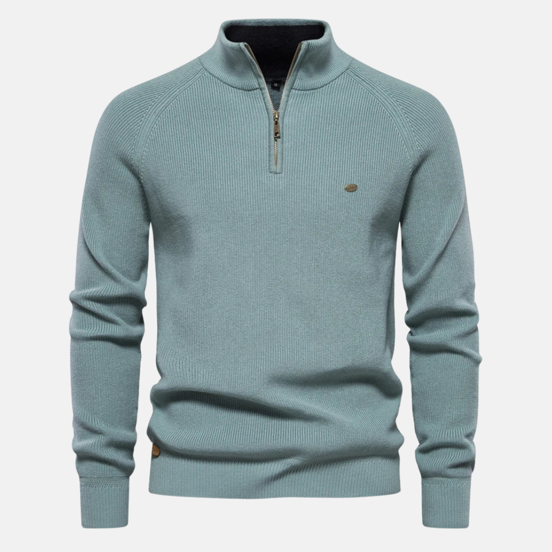 Men's half-zip ribbed sweater with stand collar and long sleeves