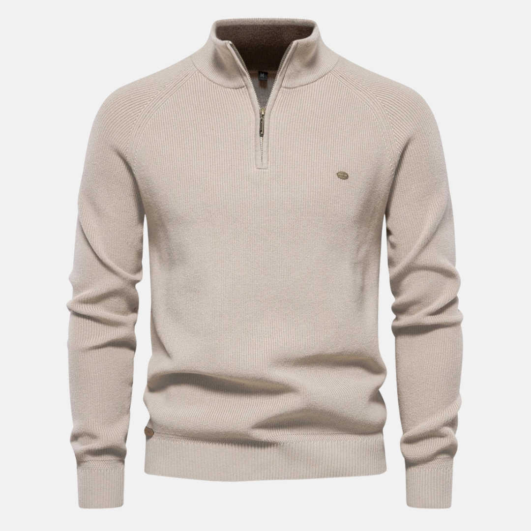 Men's half-zip ribbed sweater with stand collar and long sleeves