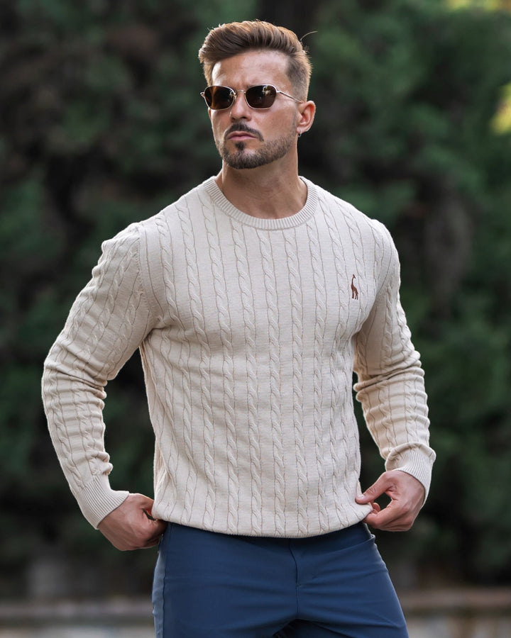Men's cable knit crew neck jumper with long sleeves and ribbed trims