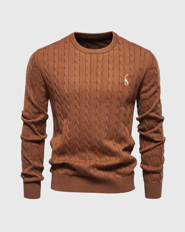 Men's cable knit crew neck jumper with long sleeves and ribbed trims