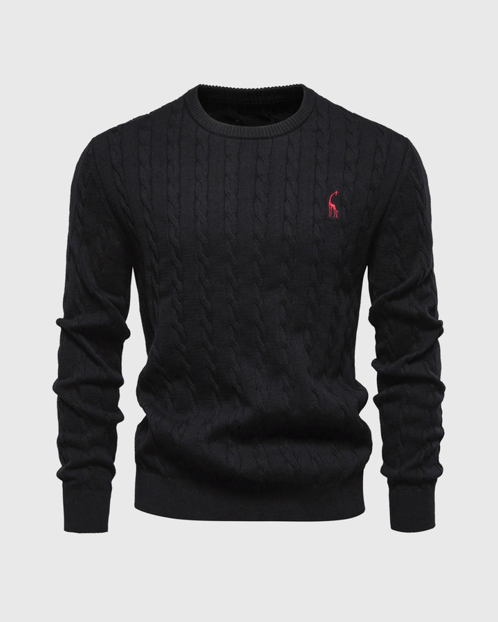 Men's cable knit crew neck jumper with long sleeves and ribbed trims