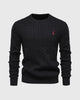 Men's cable knit crew neck jumper with long sleeves and ribbed trims