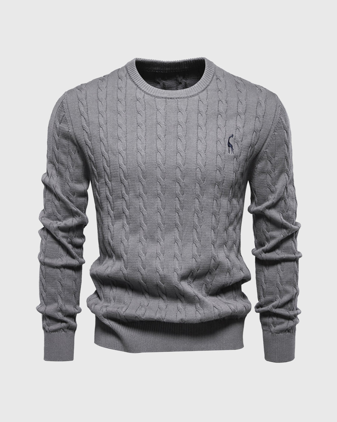 Men's cable knit crew neck jumper with long sleeves and ribbed trims