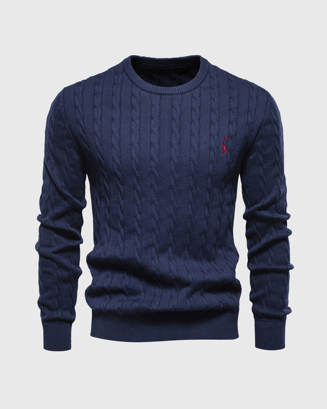 Men's cable knit crew neck jumper with long sleeves and ribbed trims