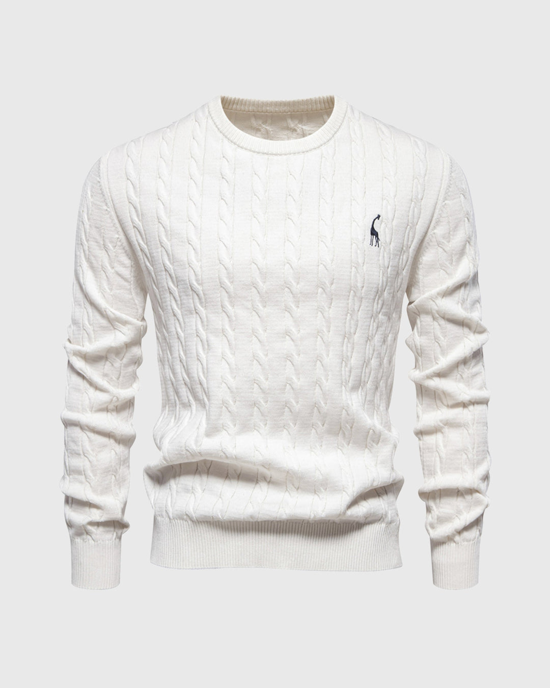 Men's cable knit crew neck jumper with long sleeves and ribbed trims