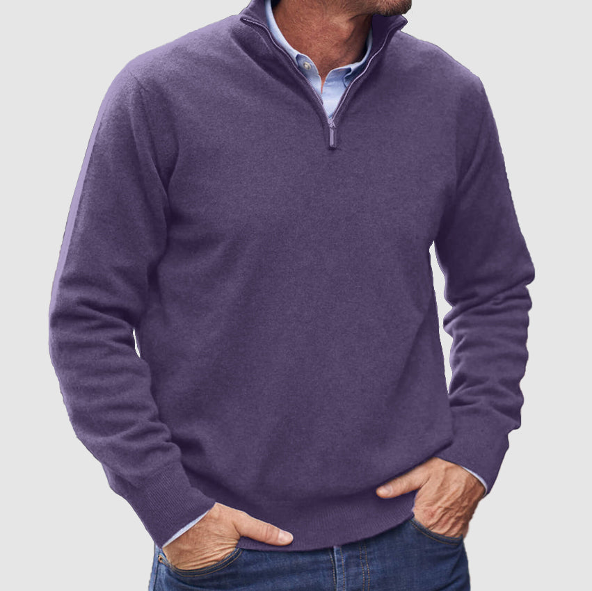 Men's plain half-zip jumper with mock neck and long sleeves
