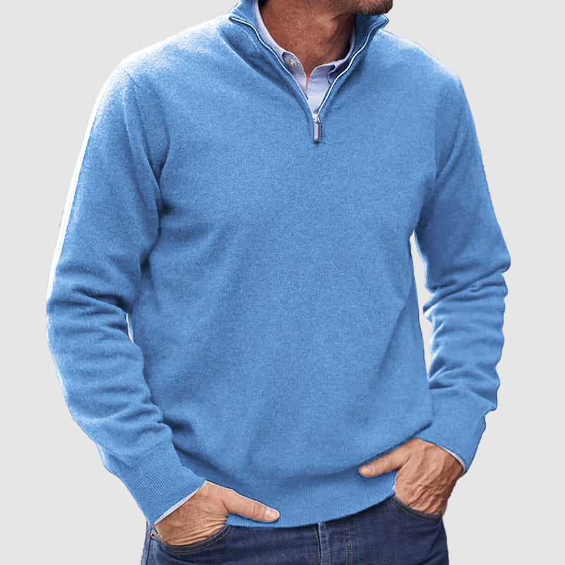 Men's plain half-zip jumper with mock neck and long sleeves