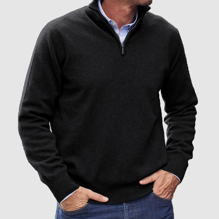 Men's plain half-zip jumper with mock neck and long sleeves