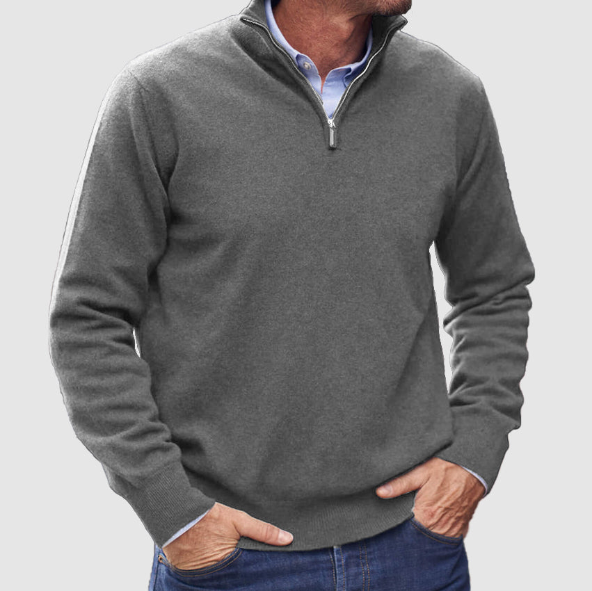 Men's plain half-zip jumper with mock neck and long sleeves