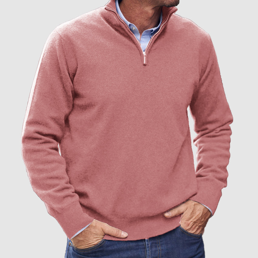 Men's plain half-zip jumper with mock neck and long sleeves