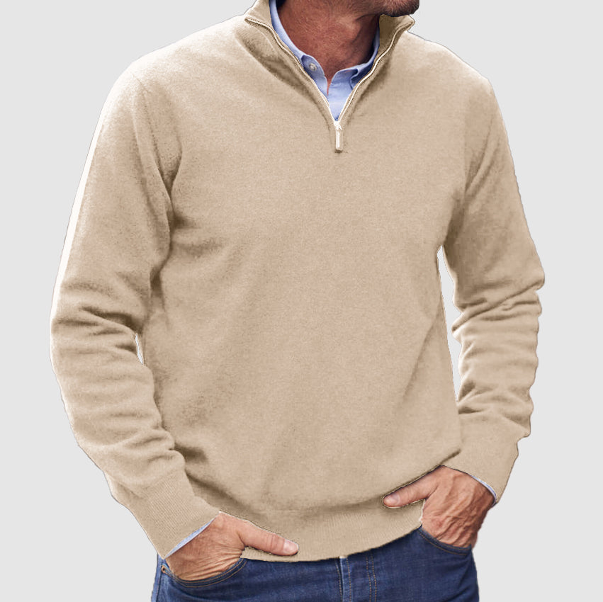 Men's plain half-zip jumper with mock neck and long sleeves