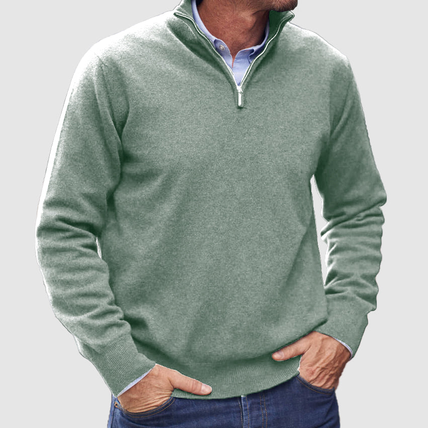 Men's plain half-zip jumper with mock neck and long sleeves