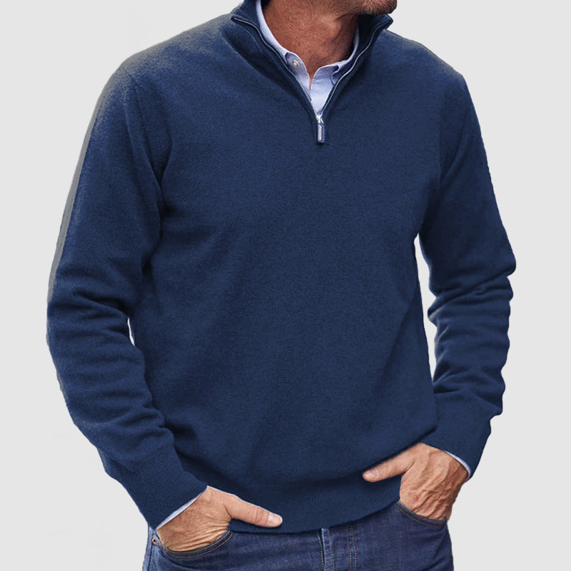 Men's plain half-zip jumper with mock neck and long sleeves