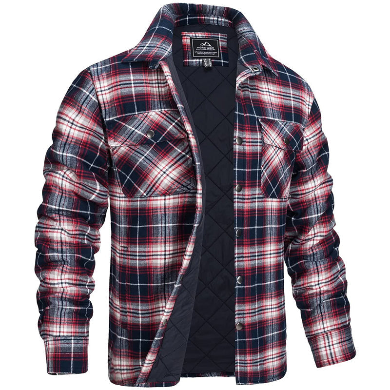 Men's checked quilted overshirt with stand collar and chest pockets