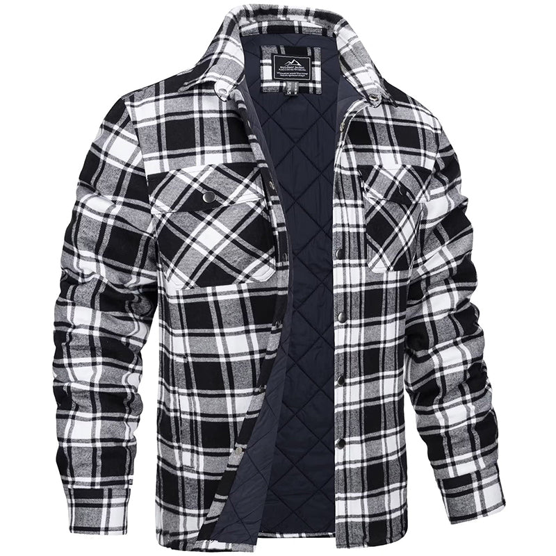 Men's checked quilted overshirt with stand collar and chest pockets
