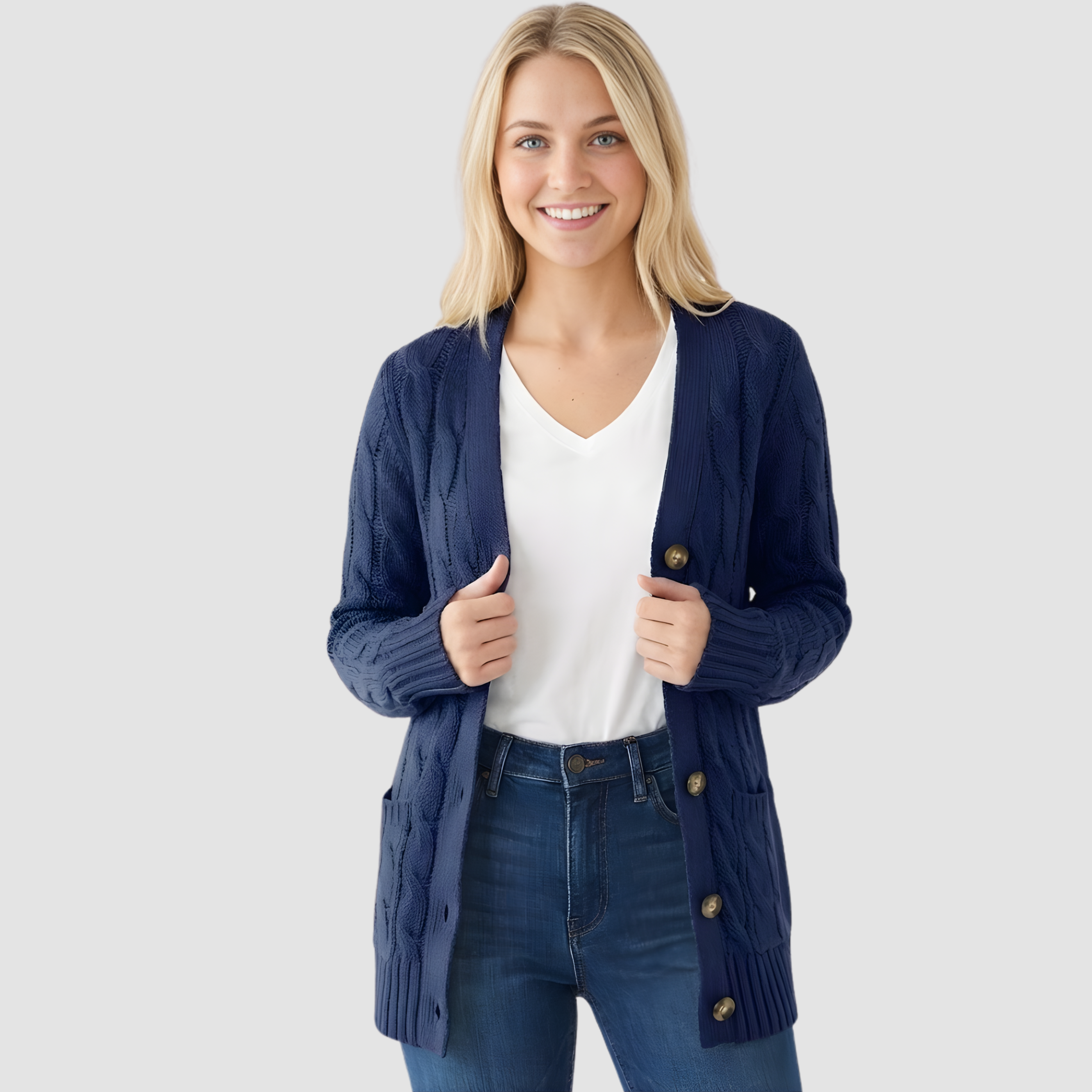 Women's cable knit V-neck cardigan with buttons and patch pockets