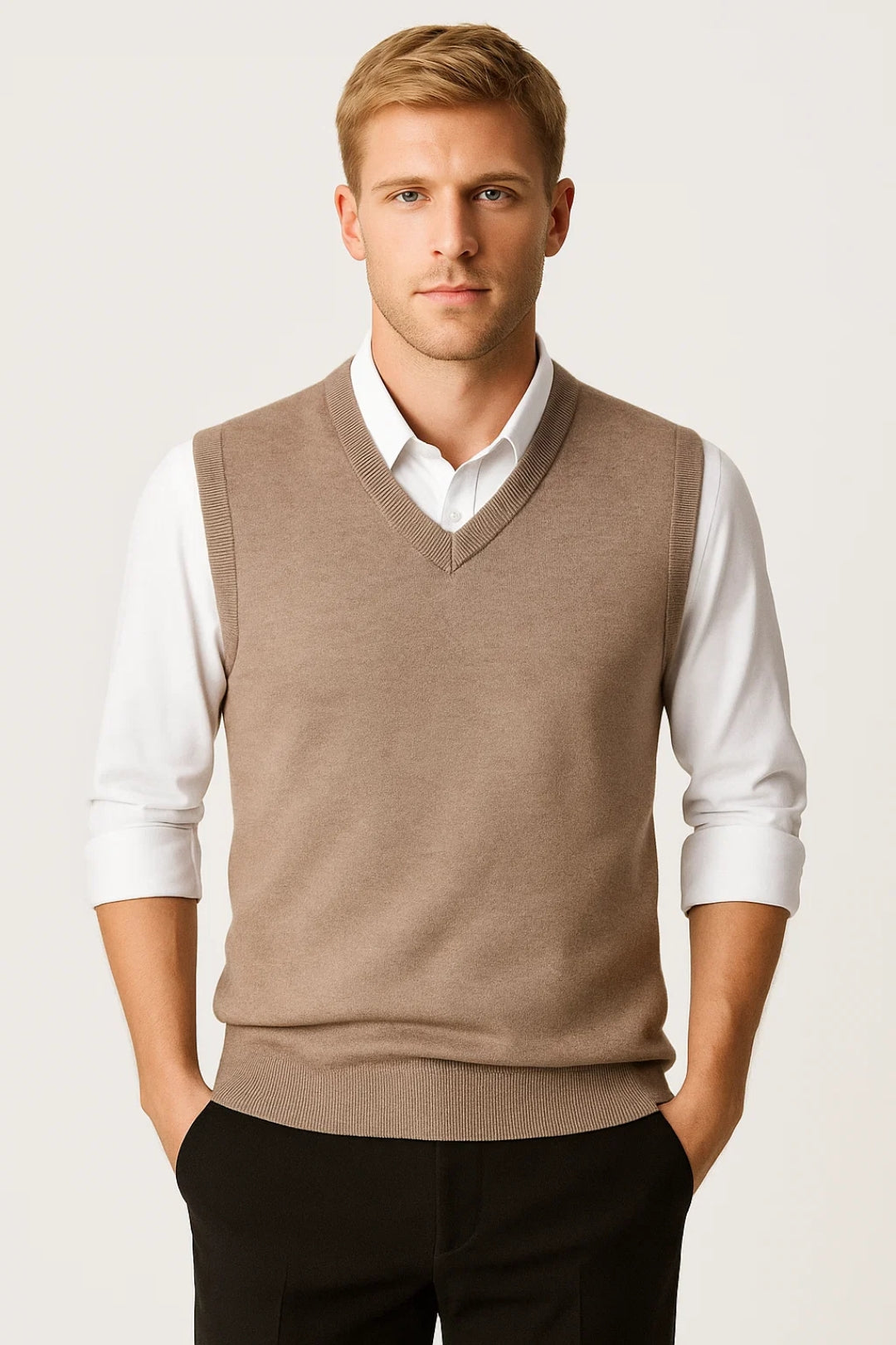 Men's V-neck sweater vest with ribbed trim over a collared shirt